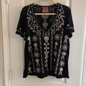 Johnny Was Black Tee with Intricate White Embroidery